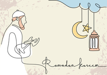 Praying man, moon, stars, lantern and ramadan kareem handwriting in one single continuous line.