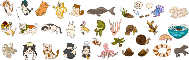 Set of Cat cartoon for printing on sticker.Cat vector illustration for coloring book on white isolated background.