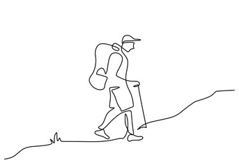 Solo hiker or Mountain climbers in one continuous single line art drawing style.