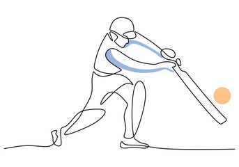 One continuous single line drawing of man cricket player stance standing to receive and hit ball.