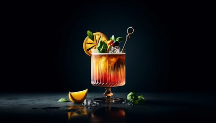 elegant cocktail with a colorful mix of ingredients, garnished with a citrus twist and served in a stylish glass on a black background