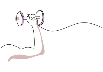 Single continuous line drawing hand holding dumbbell. Hand with muscle in holding barbell.