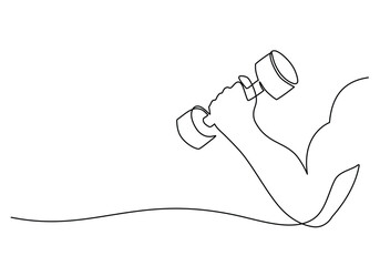 Obraz premium Single continuous line drawing hand holding dumbbell. Hand with muscle in holding barbell.