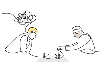 One continuous single line drawing men siting and playing chess game together on white background.