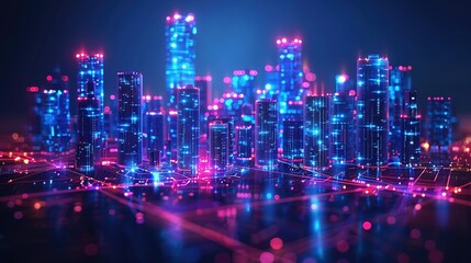 Fototapeta premium Smart City Network with Wi-Fi: Low Poly Wireframe and Automated Buildings