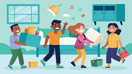 Excited chatter filled the air as the students explored their new living quarters choosing their beds and unpacking their belongings.. Vector illustration