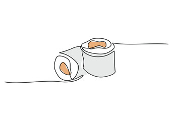 Continuous one line of sushi rolls isolated on a white background. Linear stylized Minimalist.