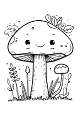 Monochrome artwork featuring a mushroom with a butterfly perched on top