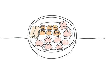 Obraz premium One continuous single line of dim sum hand drawn isolated on white background. Korean food dim sum.