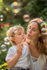 Fototapeta premium Mother and son blowing bubbles together