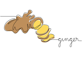 One continuous single line drawing illustration of ginger with lettering ginger isolated background.