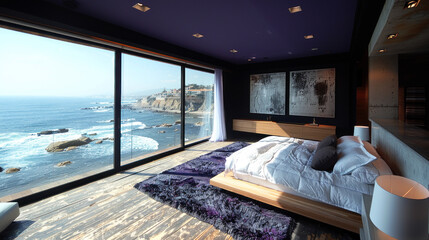 Minimalist purple shade bedroom of a villa resort by tropical beach