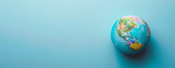 Photo of a globe on a blue background, shown from above with space for copy. The web banner shows a map of the world and the concept of global travel. The colors are vibrant pastels with soft contrast