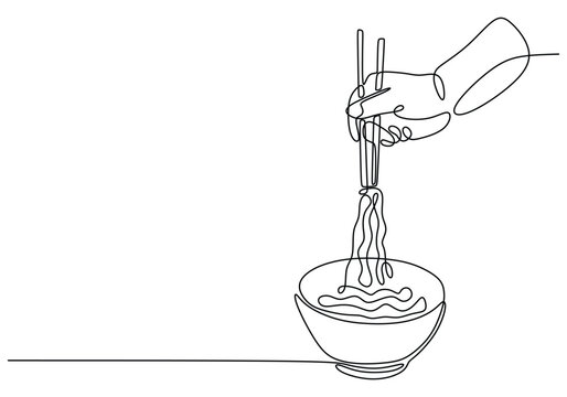 recommend clip art: Hand hold chopstick with ramen or ramyeon in one continuous single line. Asian noodle in the bowl.