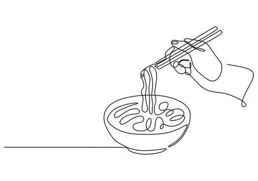 Hand hold chopstick with ramen or ramyeon in one continuous single line. Asian noodle in the bowl.