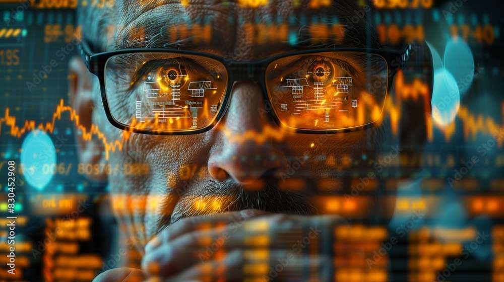 Poster Close-Up of Man Analyzing Data with Glasses. Close-up of a man wearing glasses analyzing data on multiple screens, highlighting technology and data analysis.