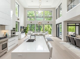 White modern kitchen with island, high ceilings and a large window looking out to the backyard of an upper third story luxury home in Canada