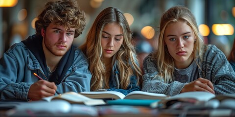 Group of Students Studying Together. Group of students intensely studies together at a table, focused on their books and notes in a collaborative learning environment.