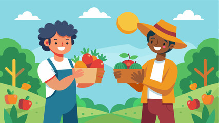 Friendly competition between neighboring farmers each one proudly displaying the freshest and most bountiful harvest from their own land.. Vector illustration
