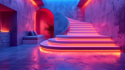 Modern Interior with Neon Lit Staircase. Contemporary interior design featuring a striking neon-lit staircase, creating a vibrant and futuristic atmosphere with colorful lighting.