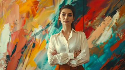 Fototapeta premium A woman stands in front of a colorful painting, wearing a white shirt