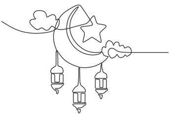 Lanterns hanging at crescent moon with star at cloud in one continuous single line. Ramadan kareem.