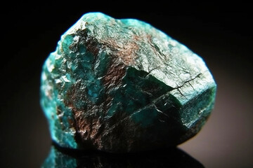 Chalcophyllite fossil mineral stone. Geological crystalline fossil. Dark background close-up.