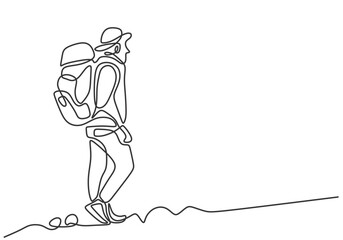 Single Backpacker traveler hiker bring bag walking in one continuous line. Adventure traveling sport