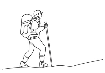 Single Backpacker traveler hiker bring bag walking with stick in one continuous line vector.