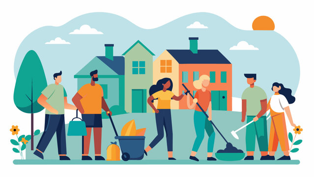 As a neighborhood organizes a streetwide cleanup day they utilize the shared tool library for items like shovels brooms and trash bags. The sense of teamwork and community fosters. Vector illustration