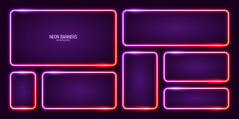 Glowing neon banners, illuminated colorful square frames. Shiny vibrant border, glow effect. Purple vintage retro lights, night illumination. Modern futuristic UI design elements. Vector illustration