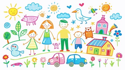 Naklejka premium Simple stick figures embark on exciting adventures in a child's imaginative chalk drawing on a clean white background.