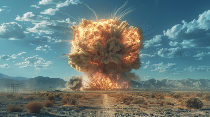 A large explosion is depicted in the desert