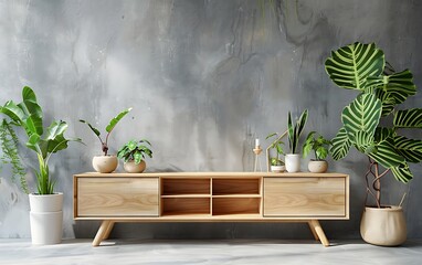 Wooden TV cabinet with side tables and plants on a concrete wall background, living room interior mock up in the style of scandinavian style
