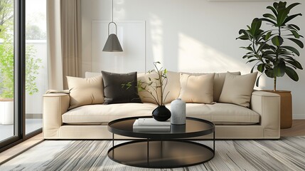 Minimalist Living Room with Beige Sofa and Black Coffee Table in Modern Home