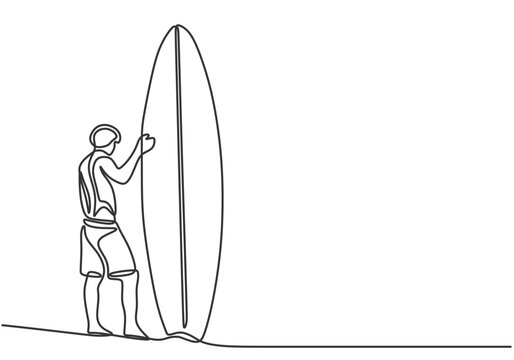 recommend clip art: Man surfer athlete bring surfing board in one continuous single line art drawing on white background