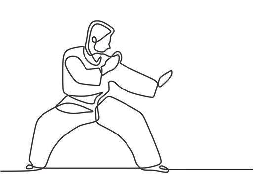 recommend clip art: Man karate taekwondo athlete in one continuous single line art drawing isolated on white background.