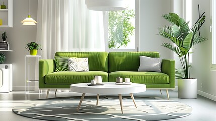 Modern Living Area with Green Sofa and White Coffee Table in Bright, Airy Space