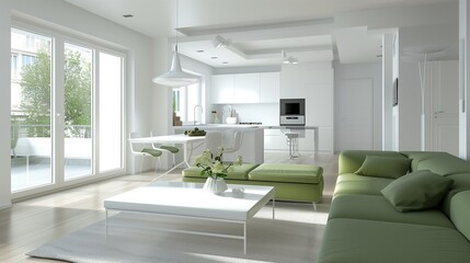 Fototapeta premium Modern Living Area with White Coffee Table and Green Sofa in Bright, Airy Space