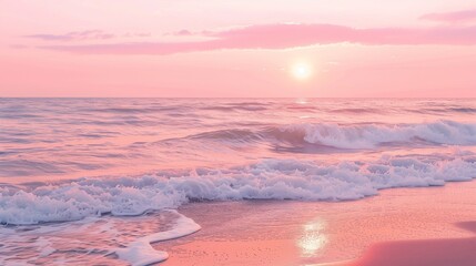 Serene Beach Sunset with Pastel Pink Sky and Calm Ocean Waves in Minimalist Design