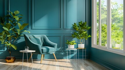 Cozy and Stylish Living Room with Lush Greenery and Inviting Armchair
