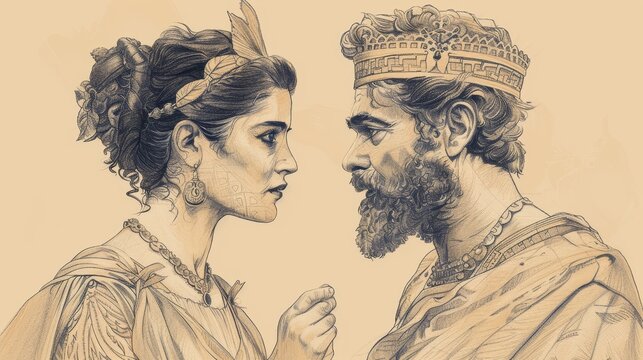 Biblical Illustration: Esther and Mordecai, Royal Strategy, Saving Jews from Haman, Beige Background, Copyspace