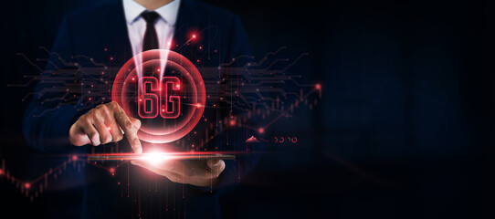 6G: Businessman Uses Tablet and Digital Networking Interface on 6G Connectivity Icon. Innovation, Speed, Future Technology