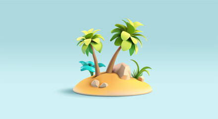 Island with palm trees and plants, 3D. For concepts of summer travel, vacations, rest on a tropical island. Vector