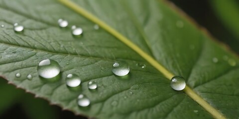 Large, Beautiful Drops of Transparent Rainwater Adorn a Green Leaf in Macro Detail. Sparkling Dew Drops Catch the Morning Glow of the Sun, Accentuating the Beautiful Texture of the Leaf. A Natural Bac