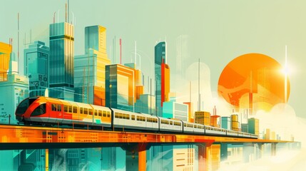 Minimalist illustration of a retro-futuristic cityscape blending vintage and modern architectural styles, featuring a prominent monorail weaving through the buildings