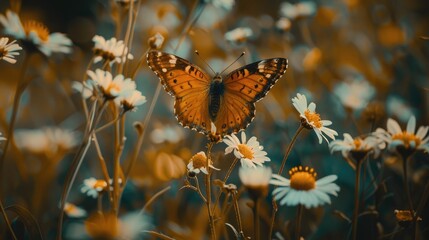 Butterfly with brown wings resting on a white bloom in the field