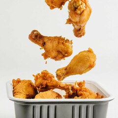 Savor the moment as crispy fried chicken drops into a container, the epitome of mouthwatering comfort food, against a pure white backdrop.