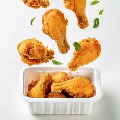 Capture the irresistible crunch of freshly fried chicken as it tumbles into a container on a pristine white background