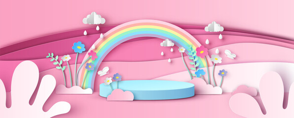 Spring circle stage podium scene decorated with flower, leaves, grass and butterfly flying. Spring template. Paper cut and craft style. vector, illustration.